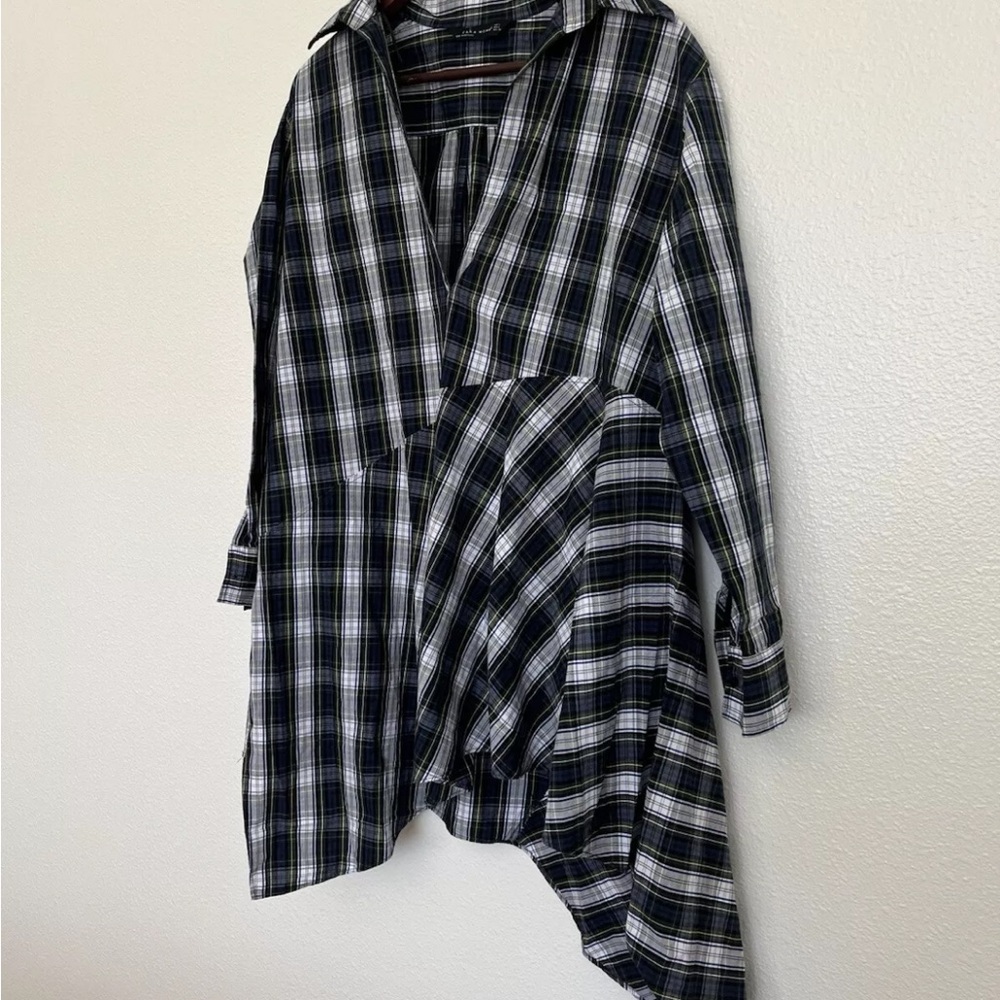 Zara Womens Dress Size Large Tartan Green White Blue Plaid Asymmetric Hem